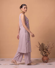 Off White & Purple Pure Cotton Floral Embroidery A-Line Co-Ord