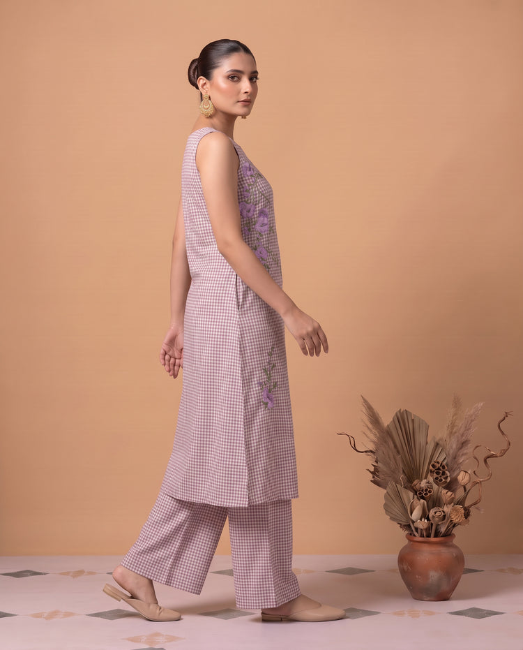 Off White & Purple Pure Cotton Floral Embroidery A-Line Co-Ord