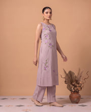 Off White & Purple Pure Cotton Floral Embroidery A-Line Co-Ord
