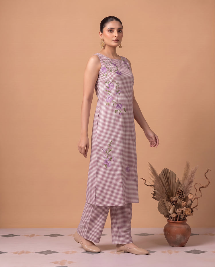 Off White & Purple Pure Cotton Floral Embroidery A-Line Co-Ord