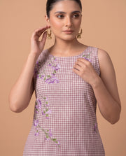 Off White & Purple Pure Cotton Floral Embroidery A-Line Co-Ord