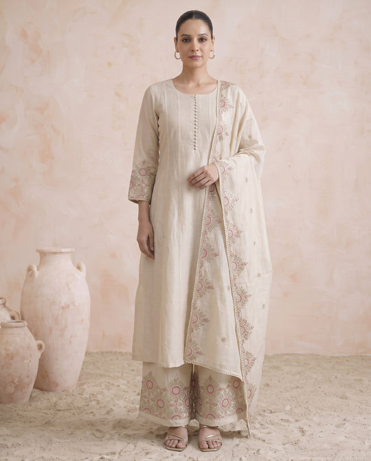 Off White Embroidered Ethnic Kurta Set with Dupatta