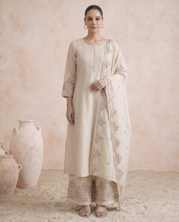 Off White Embroidered Ethnic Kurta Set with Dupatta