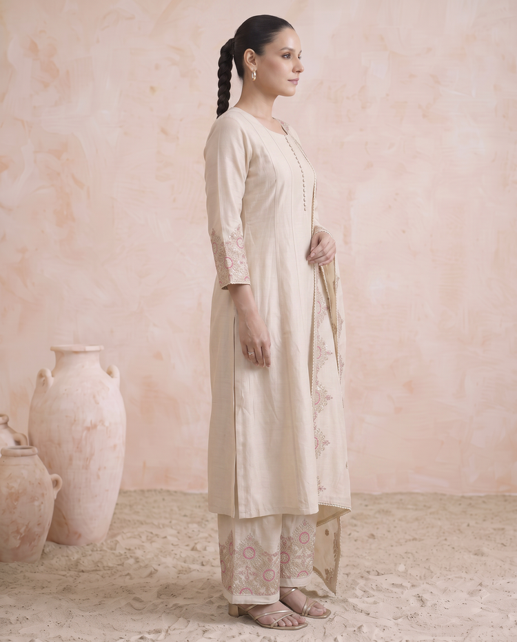 Off White Embroidered Ethnic Kurta Set with Dupatta