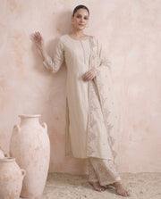 Off White Embroidered Ethnic Kurta Set with Dupatta