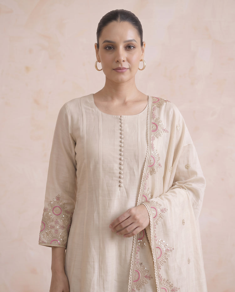 Off White Embroidered Ethnic Kurta Set with Dupatta
