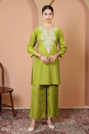 Parrot Green Embroidered Straight Kurta & Palazzo Co-Ord Set