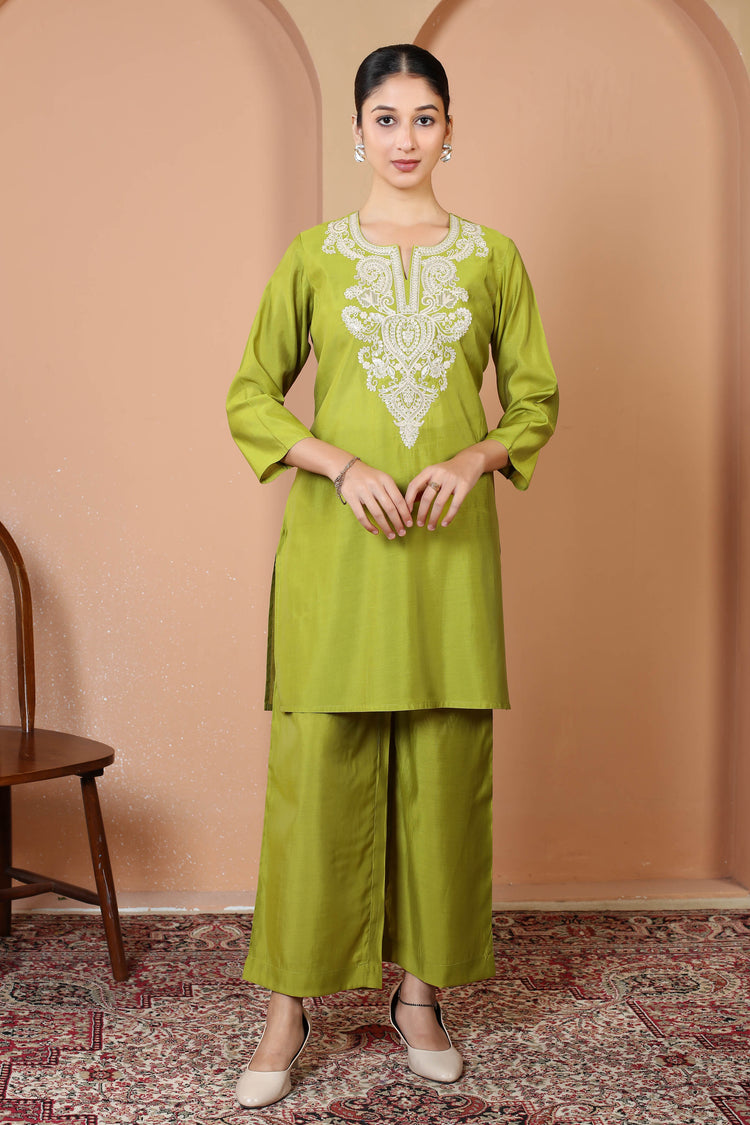 Parrot Green Embroidered Straight Kurta & Palazzo Co-Ord Set
