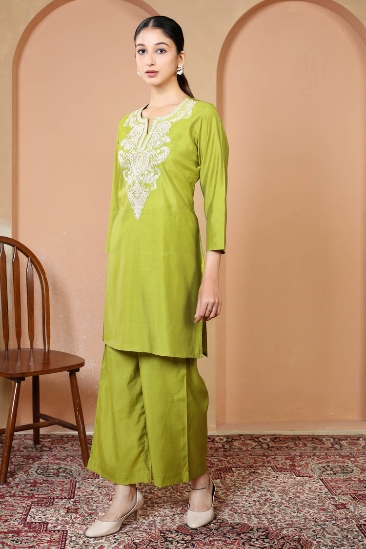 Parrot Green Embroidered Straight Kurta & Palazzo Co-Ord Set