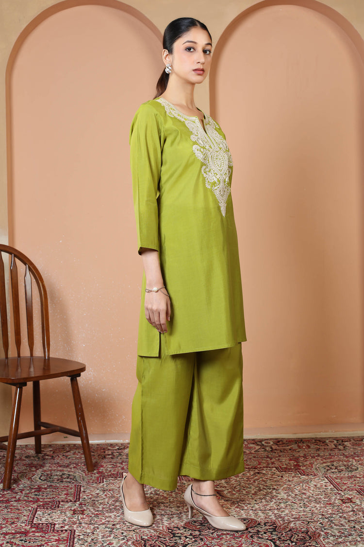 Parrot Green Embroidered Straight Kurta & Palazzo Co-Ord Set