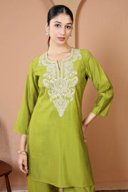 Parrot Green Embroidered Straight Kurta & Palazzo Co-Ord Set