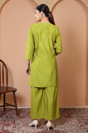 Parrot Green Embroidered Straight Kurta & Palazzo Co-Ord Set