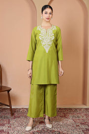 Parrot Green Embroidered Straight Kurta & Palazzo Co-Ord Set