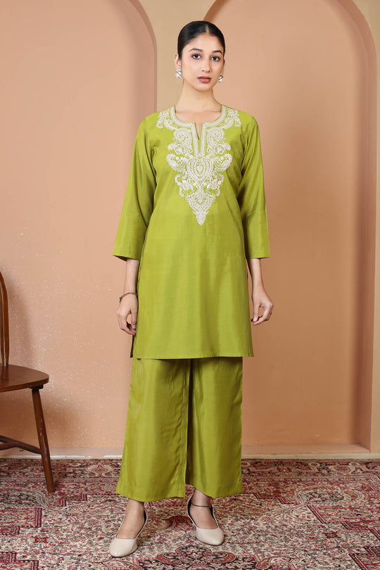 Parrot Green Embroidered Straight Kurta & Palazzo Co-Ord Set