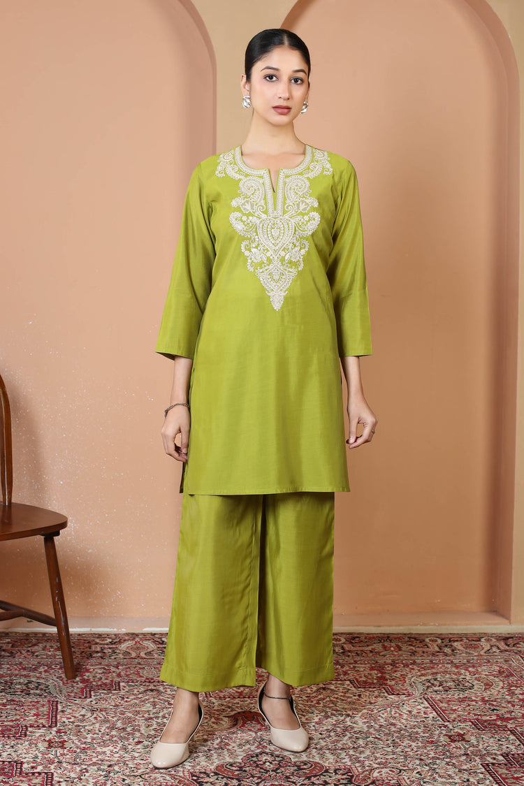 Parrot Green Embroidered Straight Kurta & Palazzo Co-Ord Set