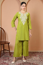 Parrot Green Embroidered Straight Kurta & Palazzo Co-Ord Set