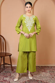 Parrot Green Embroidered Straight Kurta & Palazzo Co-Ord Set