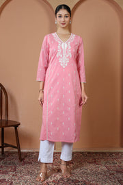 Baby Pink Pure Cotton Embroidered Straight Kurta