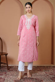 Baby Pink Pure Cotton Embroidered Straight Kurta
