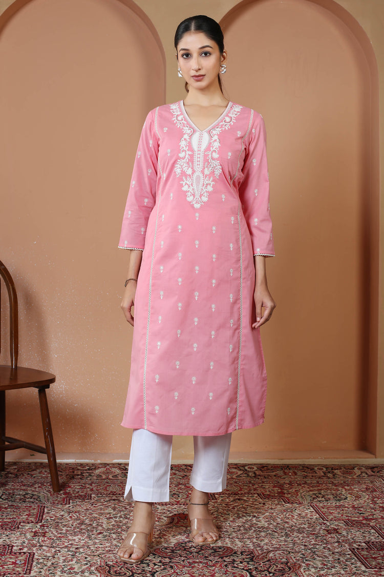 Baby Pink Pure Cotton Embroidered Straight Kurta