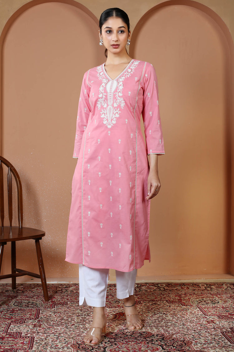 Baby Pink Pure Cotton Embroidered Straight Kurta