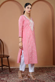 Baby Pink Pure Cotton Embroidered Straight Kurta