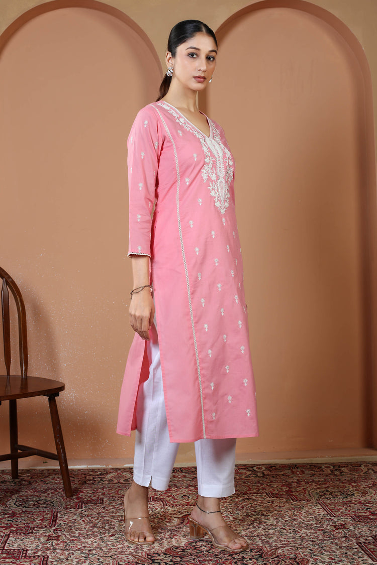 Baby Pink Pure Cotton Embroidered Straight Kurta