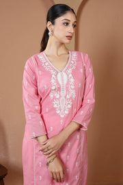 Baby Pink Pure Cotton Embroidered Straight Kurta