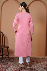 Baby Pink Pure Cotton Embroidered Straight Kurta