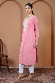 Baby Pink Pure Cotton Embroidered Straight Kurta