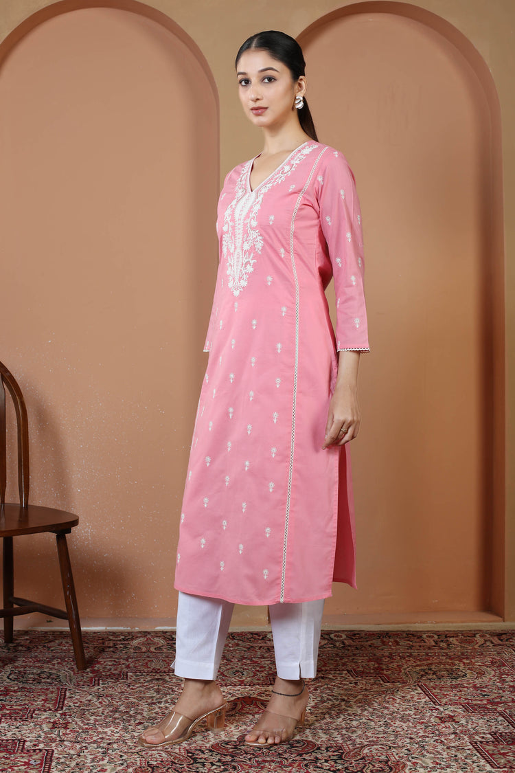Baby Pink Pure Cotton Embroidered Straight Kurta
