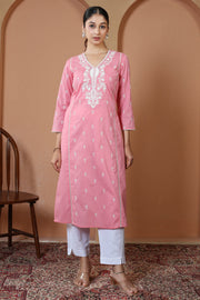 Baby Pink Pure Cotton Embroidered Straight Kurta