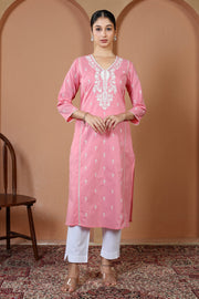 Baby Pink Pure Cotton Embroidered Straight Kurta
