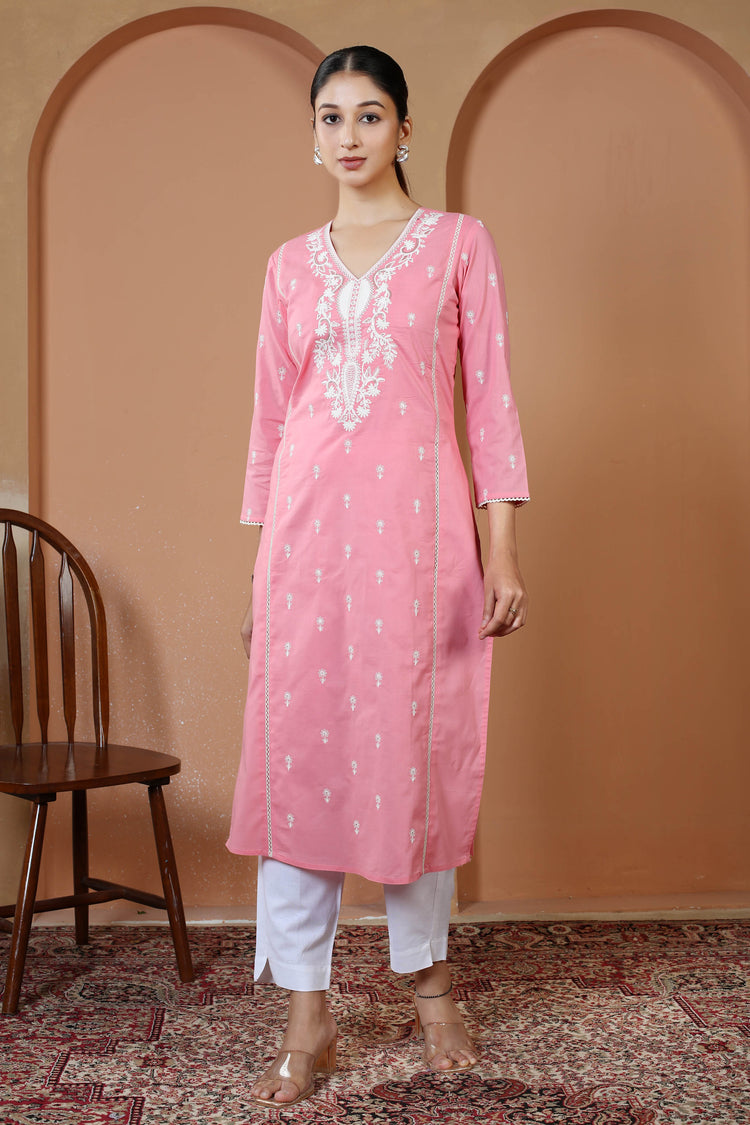 Baby Pink Pure Cotton Embroidered Straight Kurta