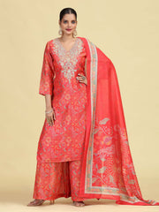 Peach Straight Floral Print & Embroidered Ethnic Kurta Set