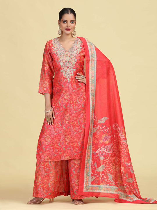 Peach Straight Floral Print & Embroidered Ethnic Kurta Set