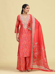 Peach Straight Floral Print & Embroidered Ethnic Kurta Set