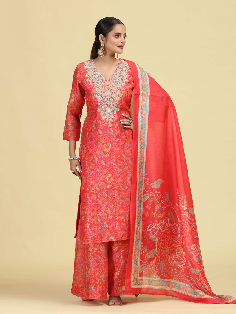 Peach Straight Floral Print & Embroidered Ethnic Kurta Set