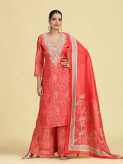 Peach Straight Floral Print & Embroidered Ethnic Kurta Set