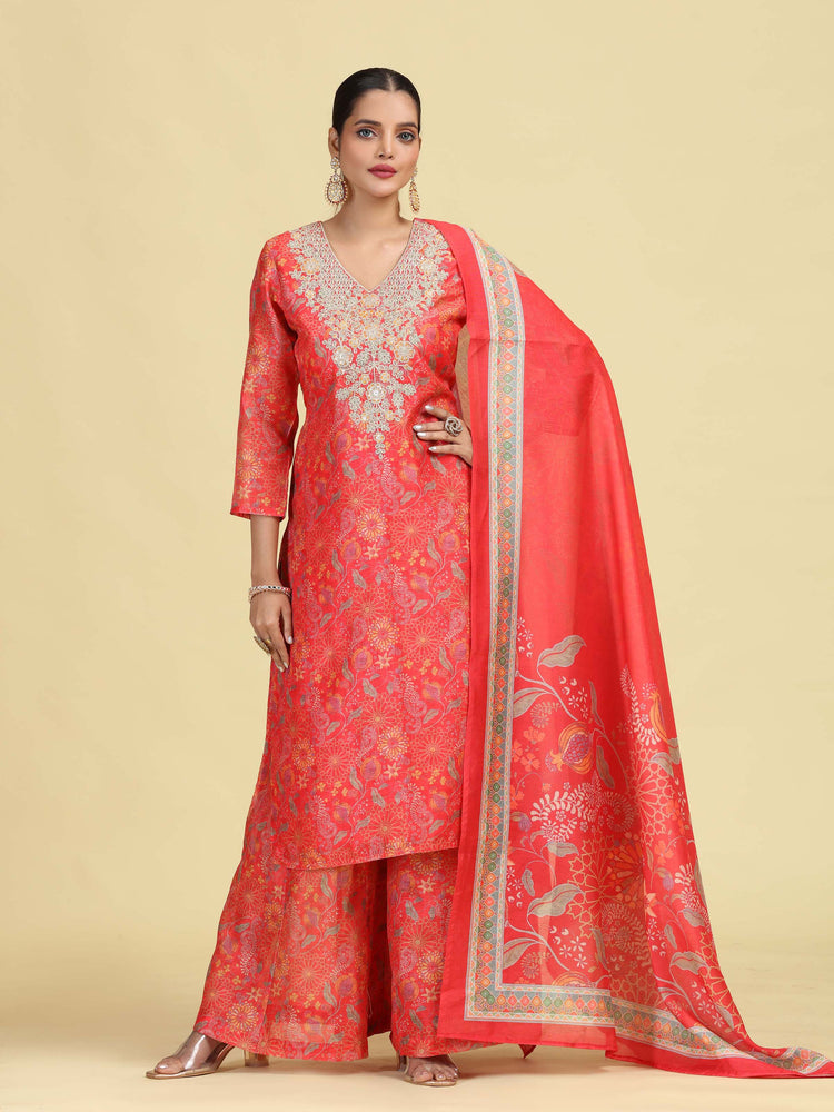 Peach Straight Floral Print & Embroidered Ethnic Kurta Set