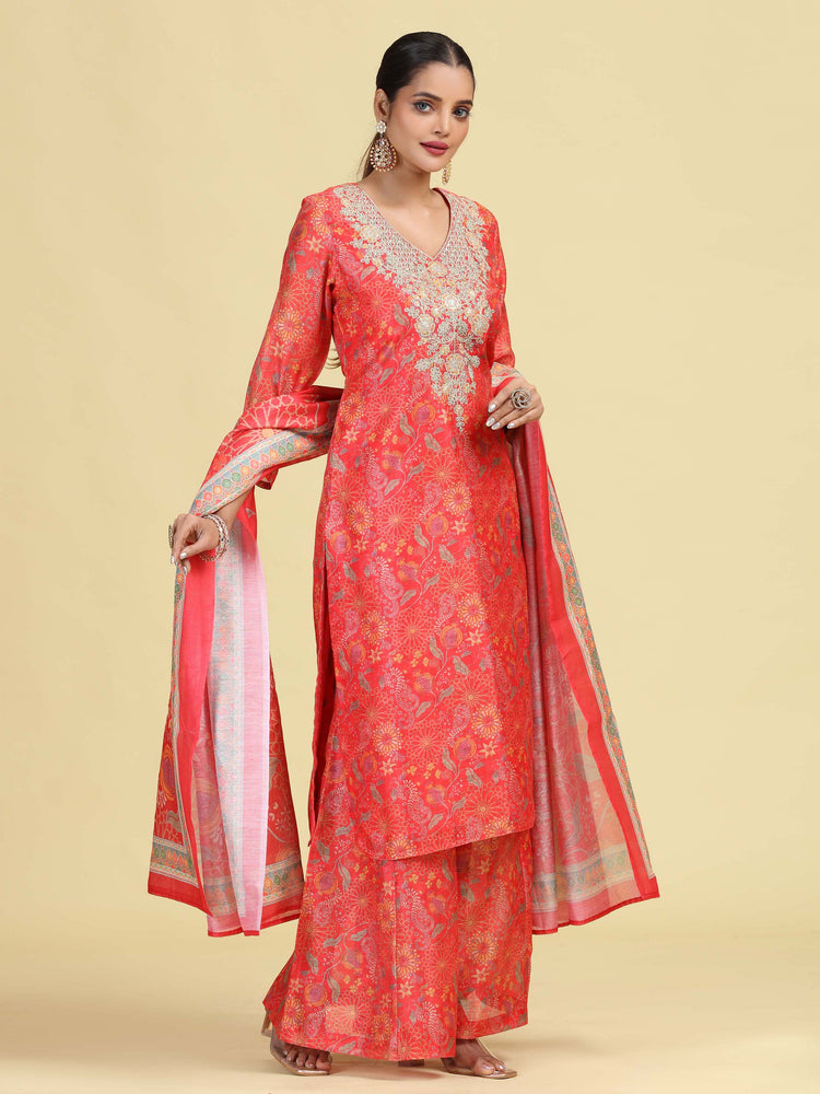 Peach Straight Floral Print & Embroidered Ethnic Kurta Set