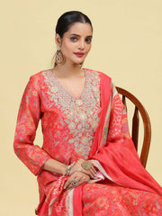 Peach Straight Floral Print & Embroidered Ethnic Kurta Set