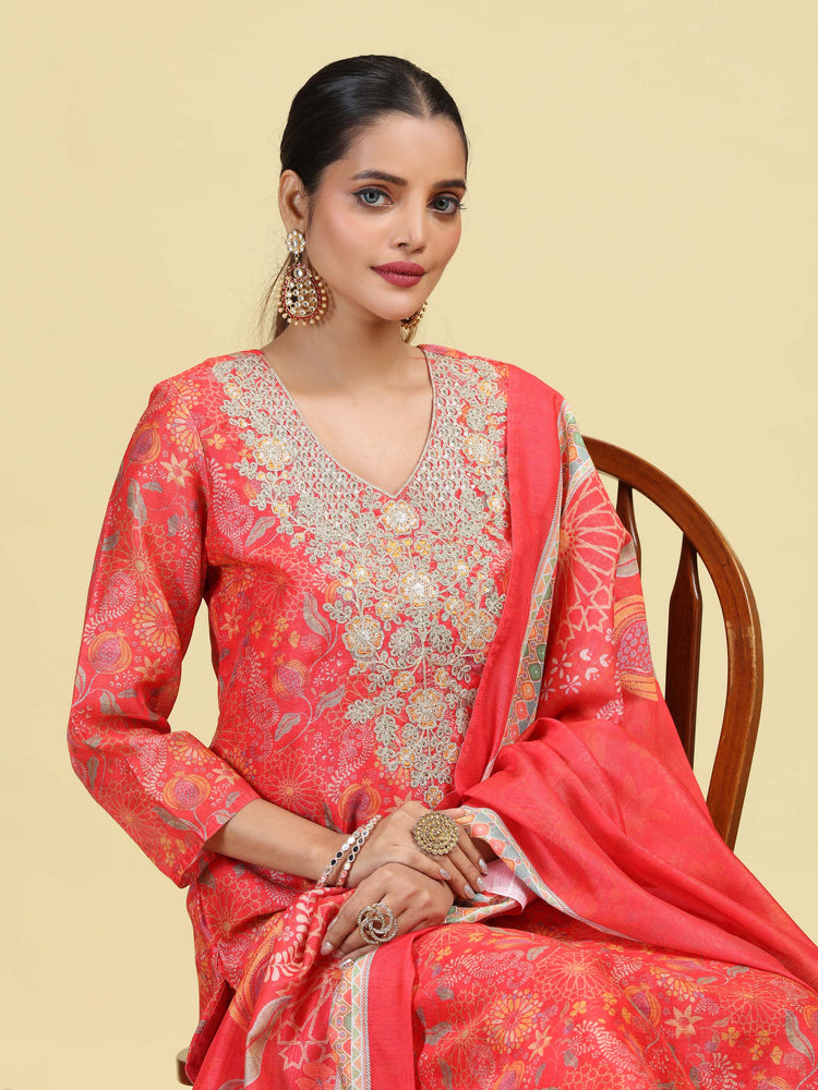 Peach Straight Floral Print & Embroidered Ethnic Kurta Set