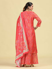 Peach Straight Floral Print & Embroidered Ethnic Kurta Set