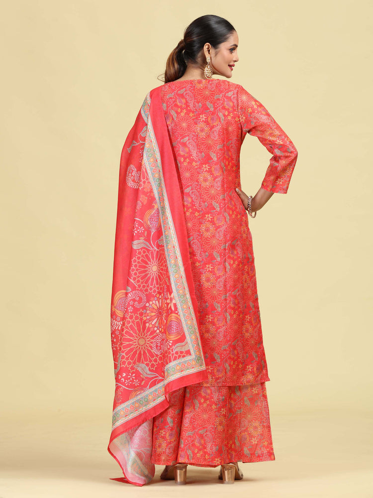 Peach Straight Floral Print & Embroidered Ethnic Kurta Set