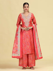 Peach Straight Floral Print & Embroidered Ethnic Kurta Set