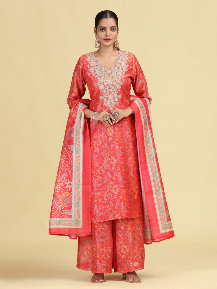 Peach Straight Floral Print & Embroidered Ethnic Kurta Set
