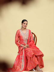 Peach Straight Floral Print & Embroidered Ethnic Kurta Set