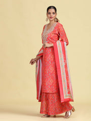 Peach Straight Floral Print & Embroidered Ethnic Kurta Set