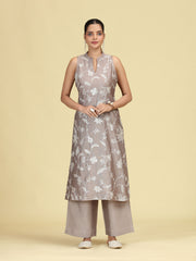 Taupe Gray Floral Embroidered Sleeveless Co-Ord Set